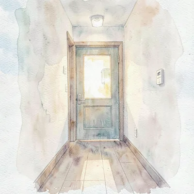 soft-wash hallway leading to a treatment room door, warm spill of light from bey