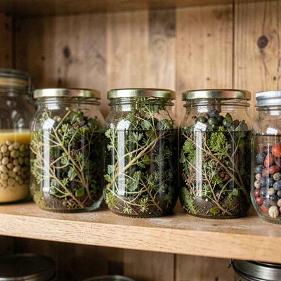 Three jars of shrub maceration in different stages on a wooden pantry shelf