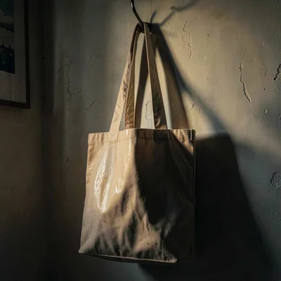 Tall vertical of a finished waxed-canvas tote hanging from a hook, warm side-lig