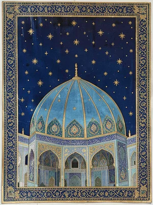 Night sky over a palace dome — deep blue ground with gold stars