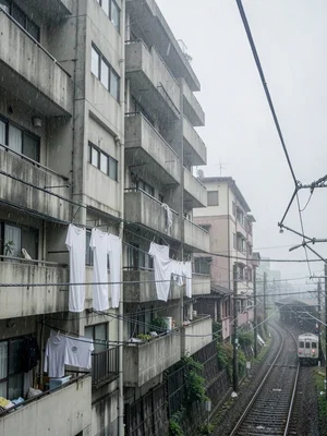 Apartment clotheslines in mist