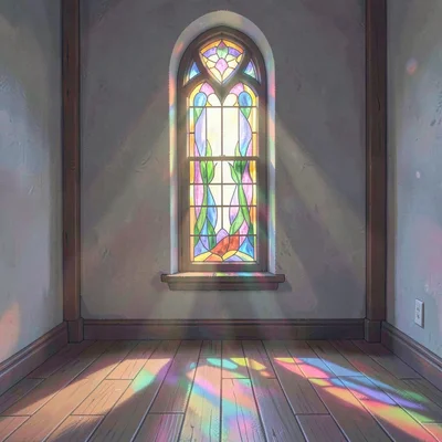 Vertical lamplit portrait of a tall stained-glass window casting colored light o