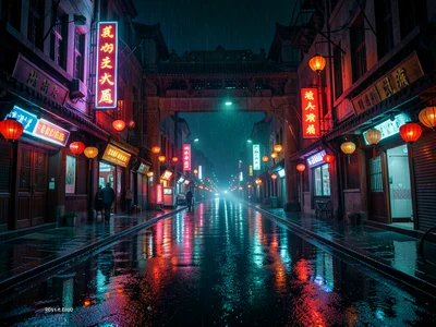 A wet Chinatown gate at midnight, red and gold lacquer reflecting in rain, lante