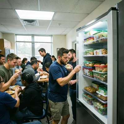 Office breakroom refrigerator opening with lunch containers stacked