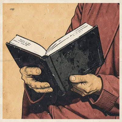 Risograph-style illustration, hands holding book , spot color layer simulation, 