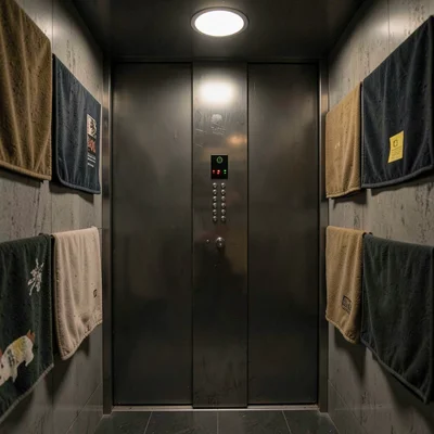 Service elevator with padded blankets on walls