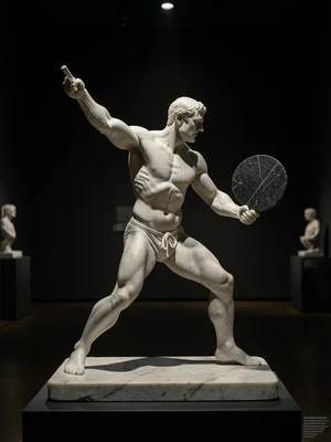 An athlete in marble, mid-throw of a discus, the muscle tension visible, the dis