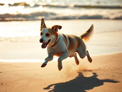 Candid photography style, a joyful dog running full speed along a sunlit beach, paws kicking up sand, motion blur in the