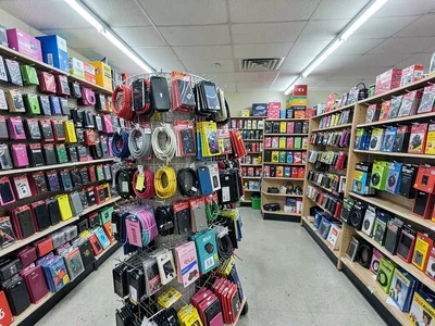 Phone accessories spinning rack, cables and cases in knockoff variety, technolog
