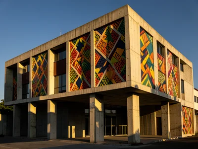 Modern building with African-inspired geometric facade patterns, concrete and co