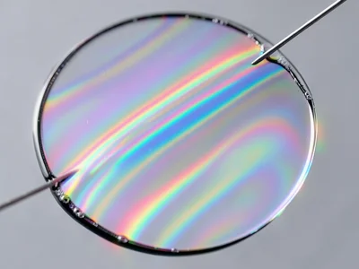 Large soap film on circular hoop tilted 45 degrees, gravity gradient visible as 