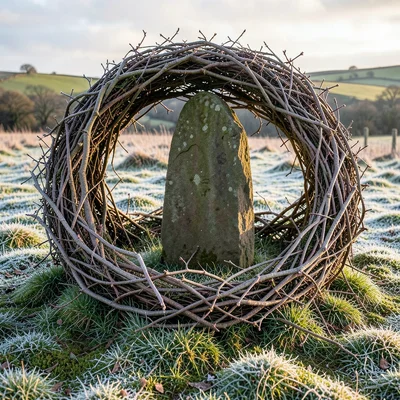 Circle of hawthorn branches woven together and placed around a standing stone in