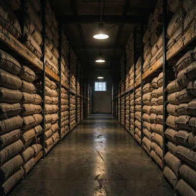 A long aisle between sack stacks vanishing into deep warehouse shadow, single pe
