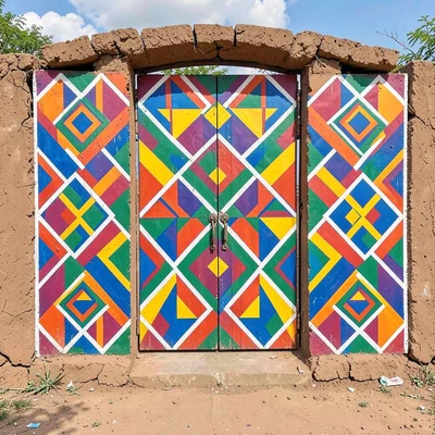 Ground pattern painted at entrance — geometric welcome design on packed earth