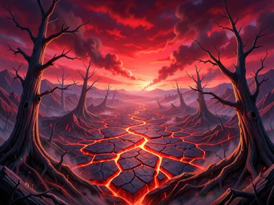 Landscape of anger — volcanic terrain, cracking ground, red sky, violent wind in