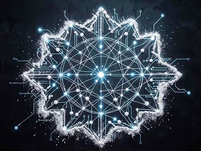 Data flow visualization using kolam-style interlaced paths, packets as rice flou