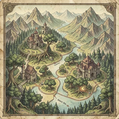 Fantasy map illustration, an elven forest realm map with tree cities, sacred gro