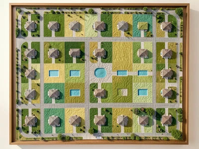 A suburban subdivision from above as patchwork, the identical house footprints a