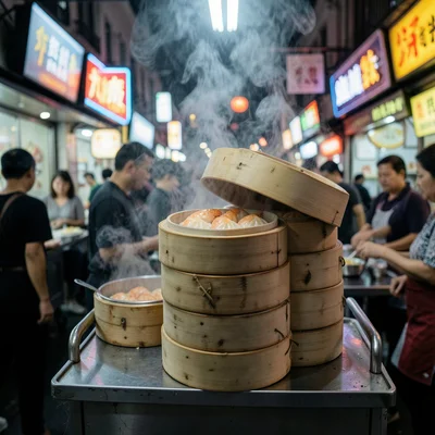 A dim sum cart in Hong Kong, bamboo steamers stacked four high, the lid lifted r