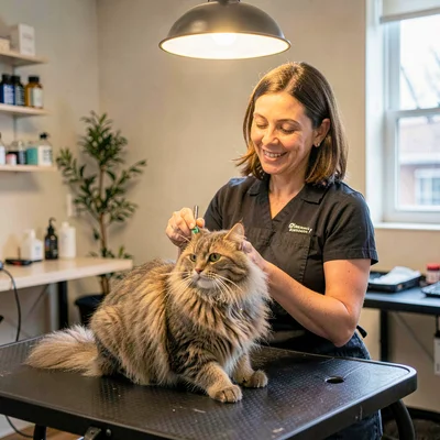 Available-light portrait of a kind-faced staffer brushing a long-haired cat on a