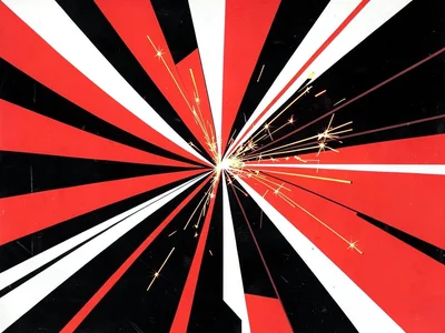 Welder's sparks radiating from a figure — geometric rays in red, white, black
