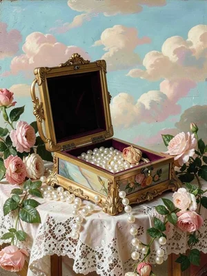 Jewellery box open, pearls spilling out, velvet interior, single dried rosebud r