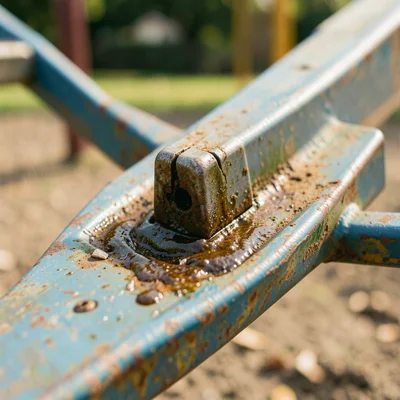 A see-saw fulcrum, the metal pivot worn into a groove by years of rocking, greas