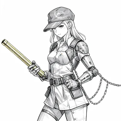 A spirited messenger-girl in mech-arm prosthetic grips brass-cylinder tube, leat