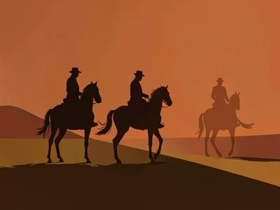 Horseback rider silhouettes against a rust-orange evening sky over an ochre plai
