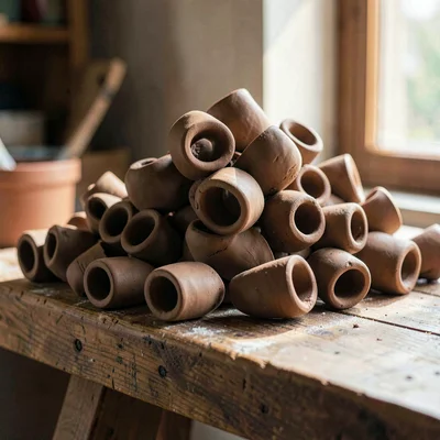 Pile of trimmed clay curls on a wooden bench, raking light