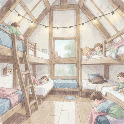 sleeping loft with bunks for kids and string lights