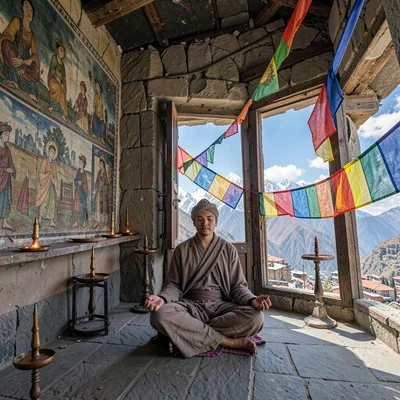 High altitude clarity of Kathmandu, Nepal, Mountain monastery interior, butter l