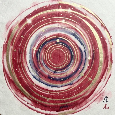 Suminagashi marble pattern in Christmas red and gold, floating ink on water