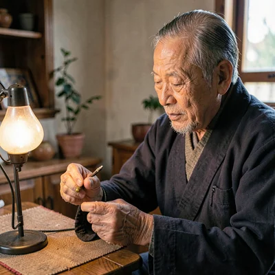 A patient Tibetan medicine doctor in his sixties reading a pulse at a wrist, lam