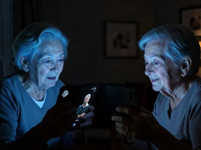 Child FaceTiming distant grandparent, both faces lit by their devices, the digit