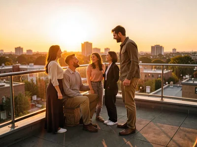 Friends on rooftop at golden hour
