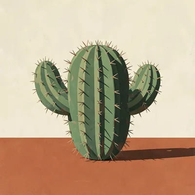 Spiny single barrel cactus dots a rust-orange flat under a sun-bleached cream sk