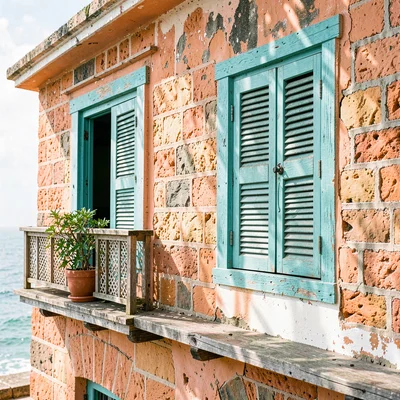 Coastal architecture photograph with Swahili influences, Coral stone building fa