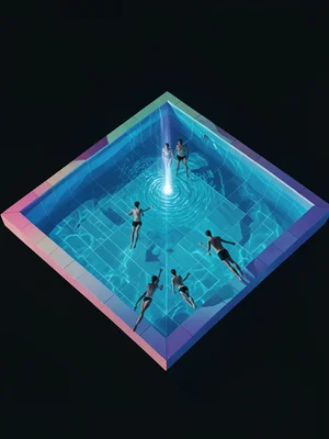 Swimming pool on 90-degree angle, water held by invisible force, swimmers vertic