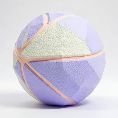 Pebbled cream lowpoly basketball with chunky peach seam ridges and a faceted lav