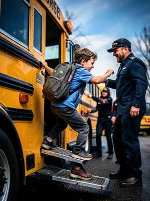 Child climbing steps onto school bus, backpack bouncing, driver greeting