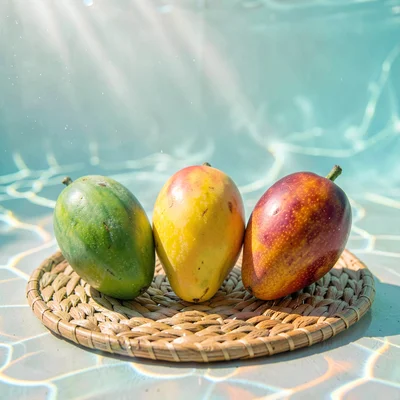 Soft diffused tropical light filtering through water vapor, Three mangoes in dif