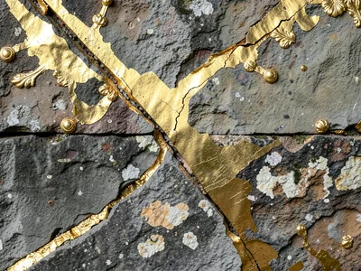 A weathered stone wall with a single gold-covered crack running diagonally