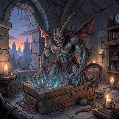 RPG sourcebook illustration, a vampire spawn emerging from coffin, castle chambe