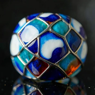 Cloisonné ring macro — band of wire cells in alternating blue and white enamel