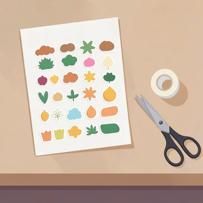 Tomas catalog scene of a desk with sticker sheet, scissors and tape, flat shapes