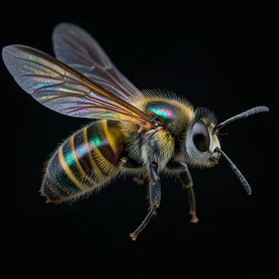 A hoverfly mid-flight, wings frozen at high speed, the striped abdomen mimicking
