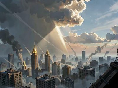 Overlook of a fallen city skyline pierced by a parting cloud beam, warm gold tow
