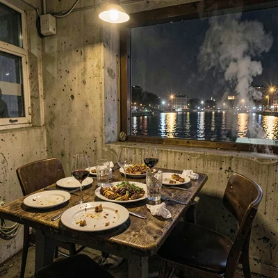 Belgrade brutalist night and Danube reflections, Kitchen table with remains of l