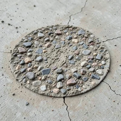 Concrete core sample cross-section, circular slice showing aggregate distributio